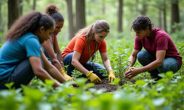 Group of volunteers planting trees in a forest, symbolizing bird habitat conservation.