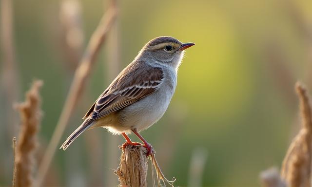 A rare sparrow perched on a branch, illuminated by soft sunlight, for a species spotlight.